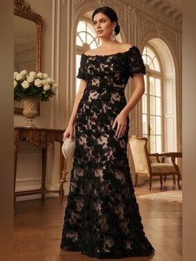 SHANI Off-Shoulder Black Floral Appliqué Evening Gown